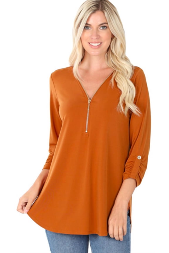 Plus Size Loose Fitting 3/4 Sleeve Zippered Blouse Top 1x,2x, 3x