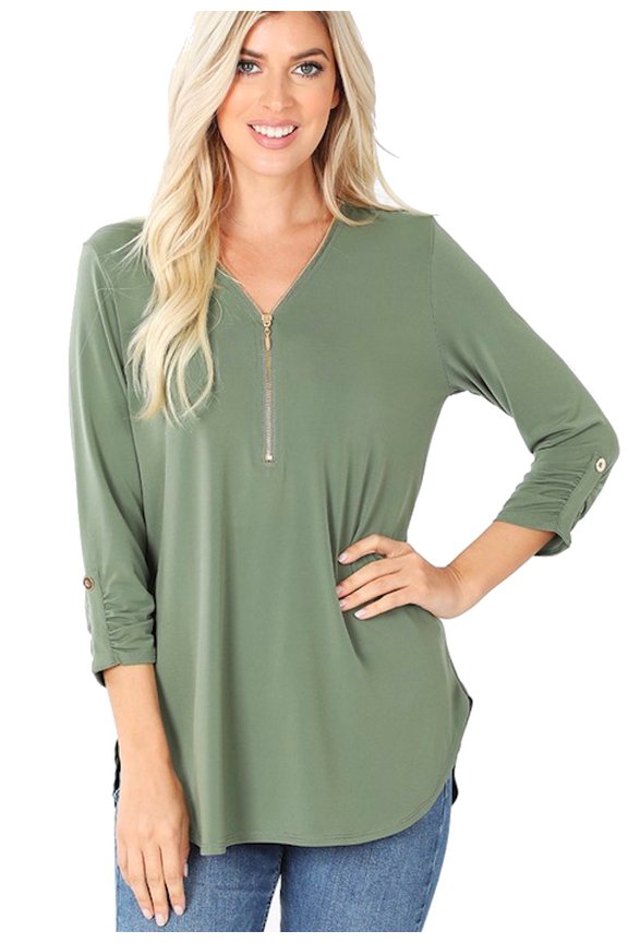 Plus Size Loose Fitting 3/4 Sleeve Zippered Blouse Top 1x,2x, 3x