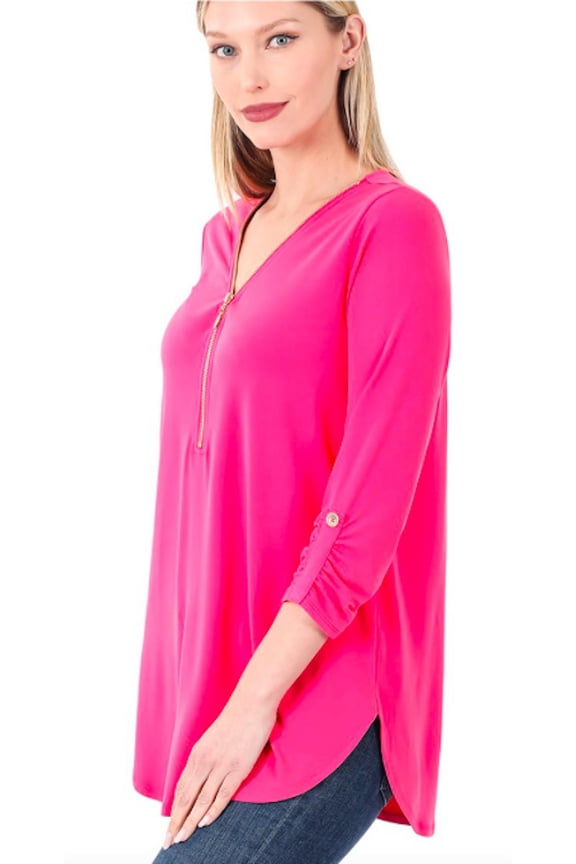 Plus Size Loose Fitting 3/4 Sleeve Zippered Blouse Top 1x,2x, 3x