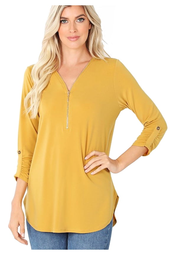 Plus Size Loose Fitting 3/4 Sleeve Zippered Blouse Top 1x,2x, 3x