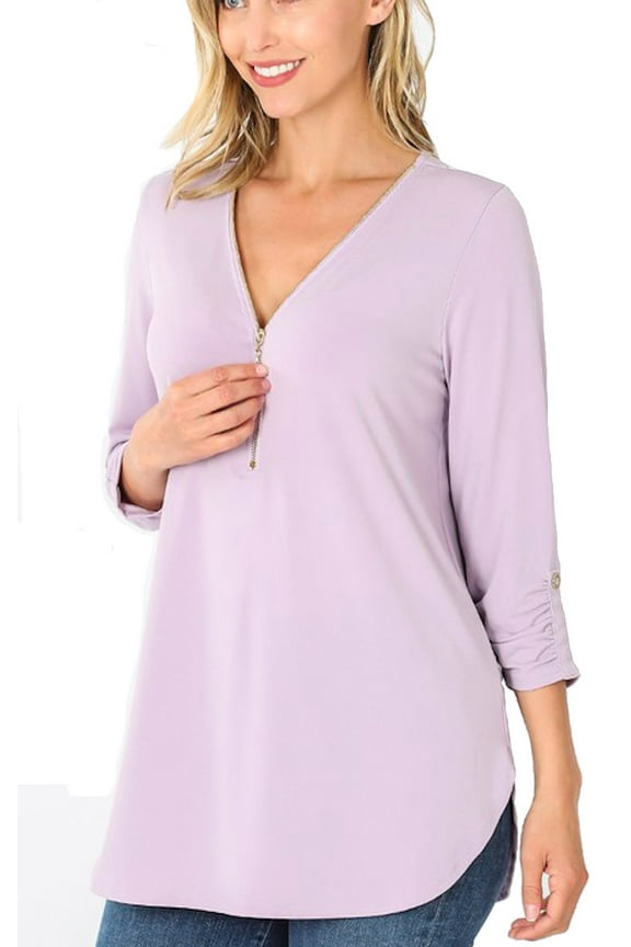 Plus Size Loose Fitting 3/4 Sleeve Zippered Blouse Top 1x,2x, 3x