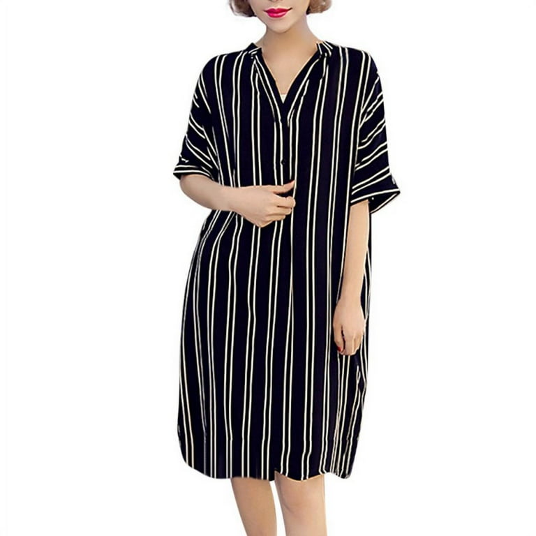 Plus Size Loose Striped Dress Women V Neck Fashion Short Sleeve Print  Stripe Beach Cotton Dress Black XL