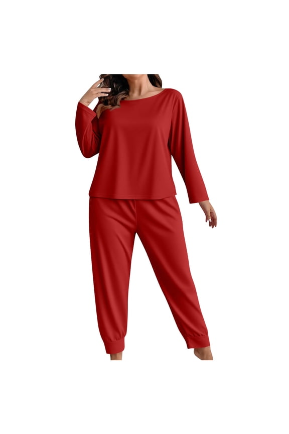 Plus Size Lounge Outfits for Women 2 Piece Sets Solid Loose Long Sleeve Crew Neck Top and Joggers Pant Suits Pajamas (3XL, Red)
