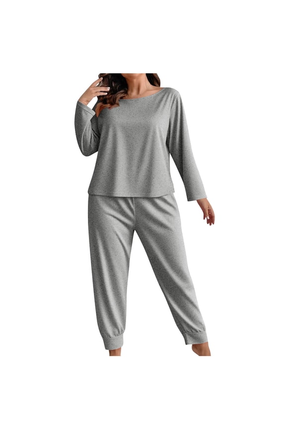 Plus Size Lounge Outfits for Women 2 Piece Sets Solid Loose Long Sleeve Crew Neck Top and Joggers Pant Suits Pajamas (5XL, Gray)
