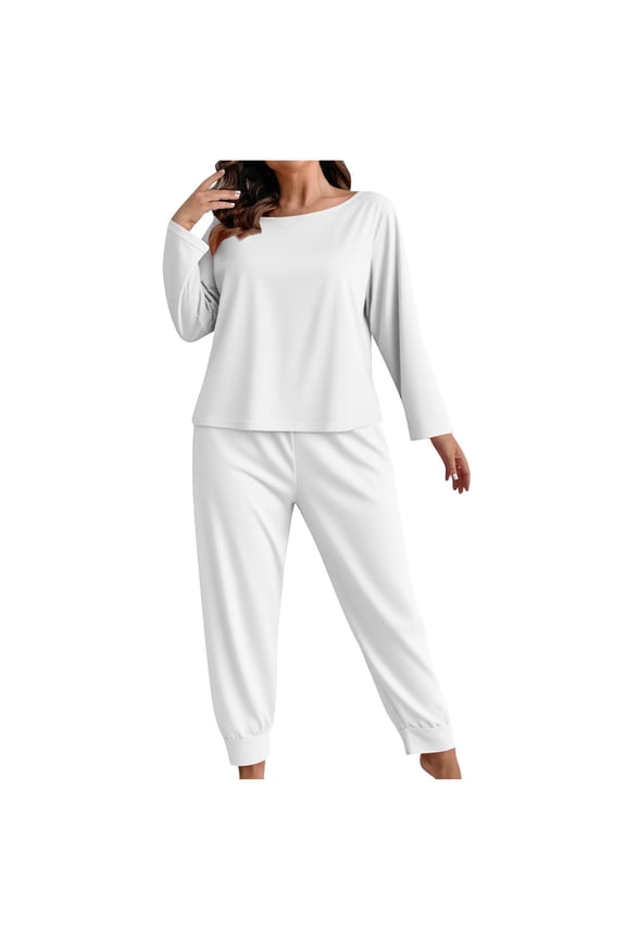 Plus Size Lounge Outfits for Women 2 Piece Sets Solid Loose Long Sleeve Crew Neck Top and Joggers Pant Suits Pajamas (XL, White)