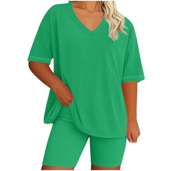 Plus Size Lounge Outfits for Women 2 Piece - Soft Cotton Short Sleeve V Neck Top and Short Leggings Sets (5XL, Green)