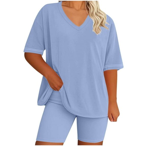 Plus Size Lounge Outfits for Women 2 Piece - Soft Cotton Short Sleeve V Neck Top and Short Leggings Sets (5XL, Light Blue)
