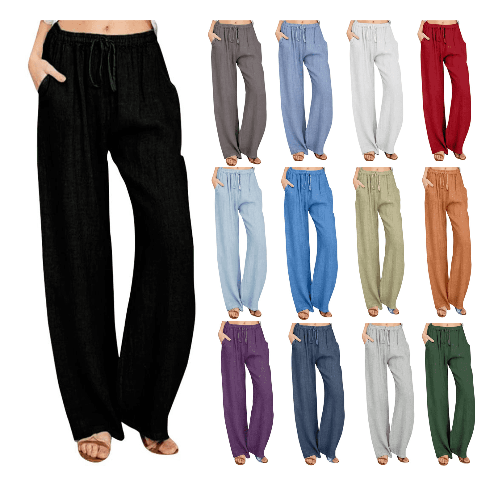 Plus Size Lounge Pants for Women Cotton Linen Comfy Slacks Straight Leg Casual Drawstring Waist Solid Trousers Plus Size Lounge Pants for Women Cotton Linen Comfy Slacks Straight Leg Casual Drawstring Waist Solid Trousers