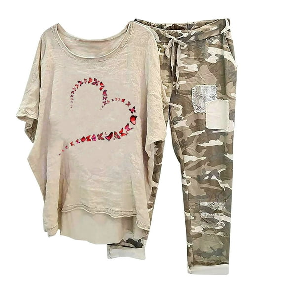 Plus Size Lounge Sets for Women Summer Casual Loose Cotton Linen Blouse with Capri Pants Set Two Piece Outfits (Medium, Khaki)