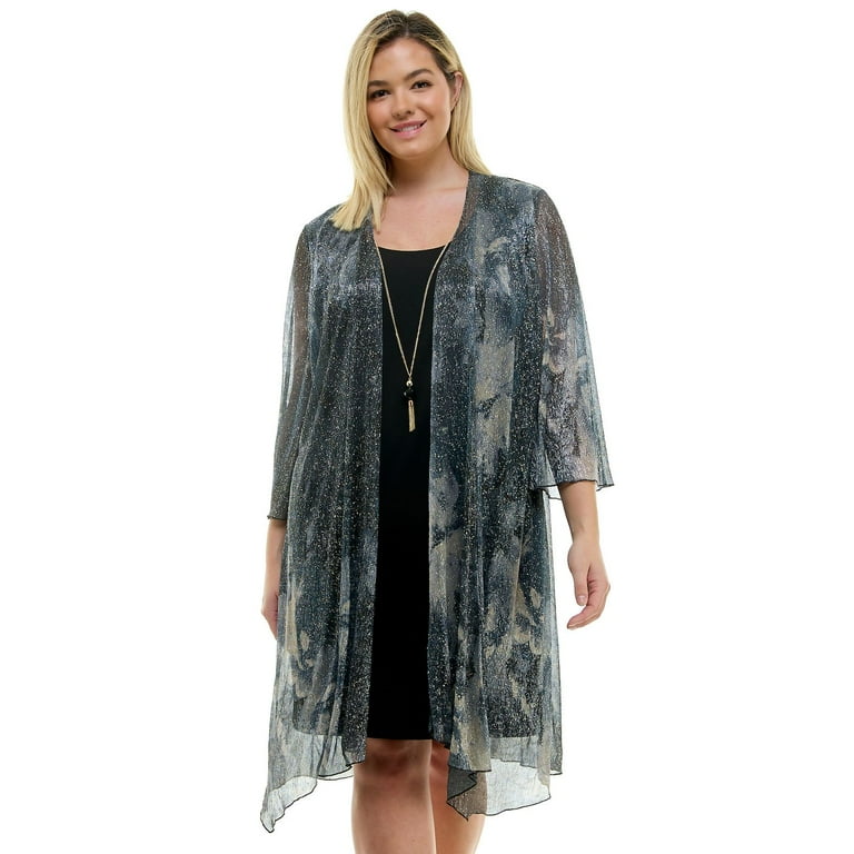 Plus Size Luxology 3 Piece Jacket Shift Dress with Necklace Color Black Gray Cream Size 1X