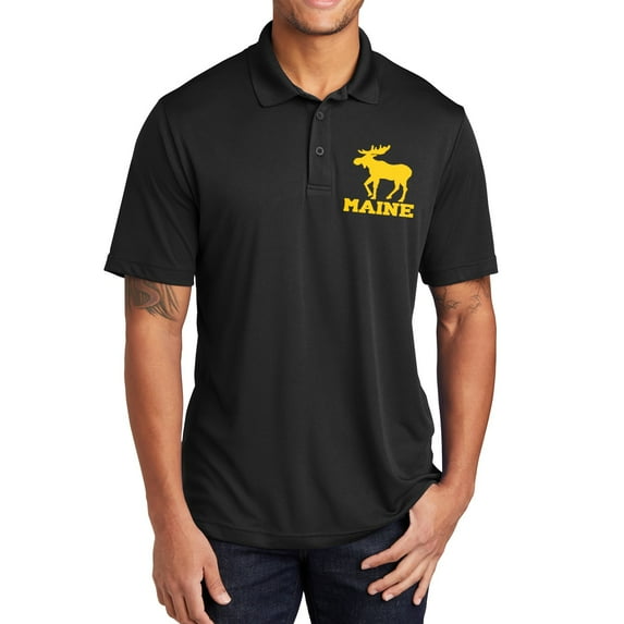Plus Size Maine Moose Graphic Design PosiCharge Competitor Polo Tee Shirt - Black 2XL