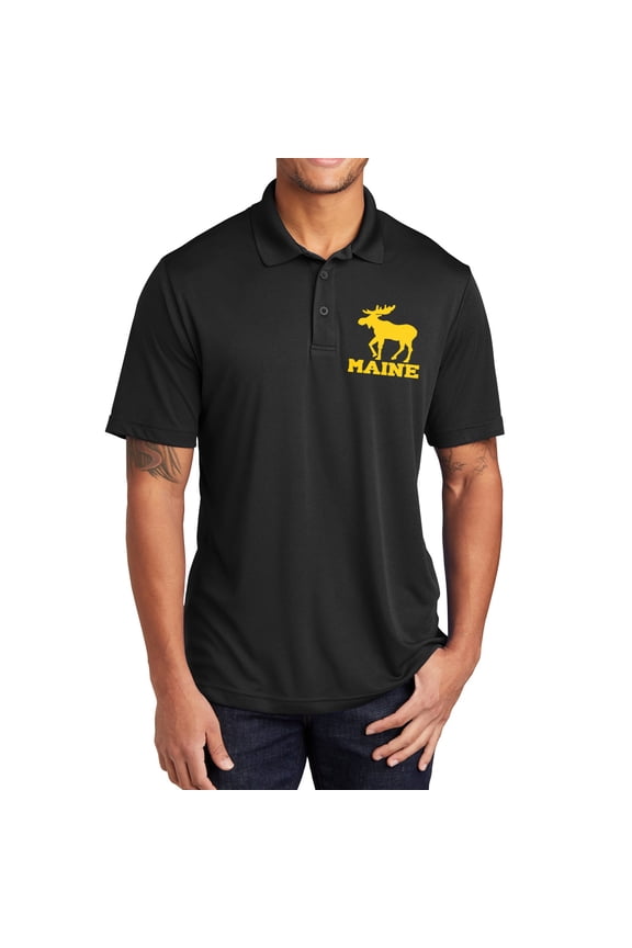Plus Size Maine Moose Graphic Design PosiCharge Competitor Polo Tee Shirt - Black 2XL