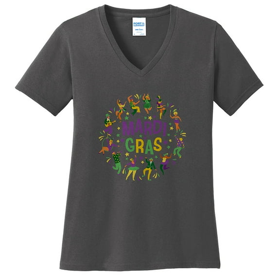 Plus Size Mardi Gras Festive Dance Graphic Design Ladies Big Size Port & Company Core Cotton V neck T-Shirt - Charcoal XL