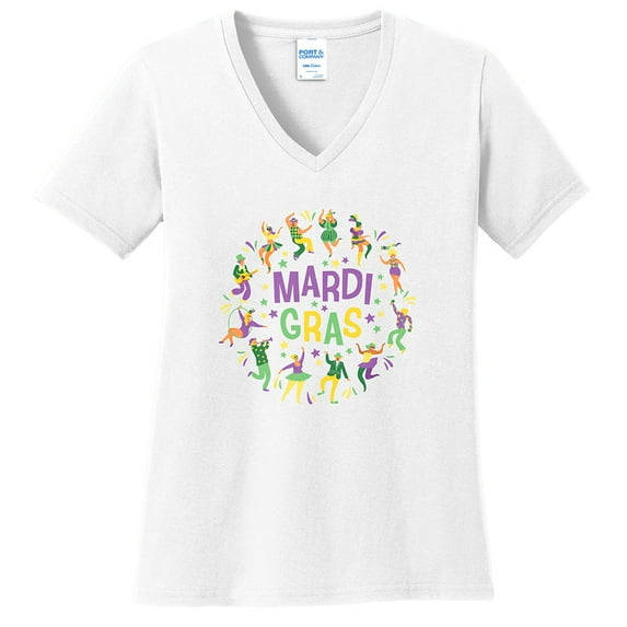 Plus Size Mardi Gras Festive Dance Graphic Design Ladies Big Size Port & Company Core Cotton V neck T-Shirt - White XL