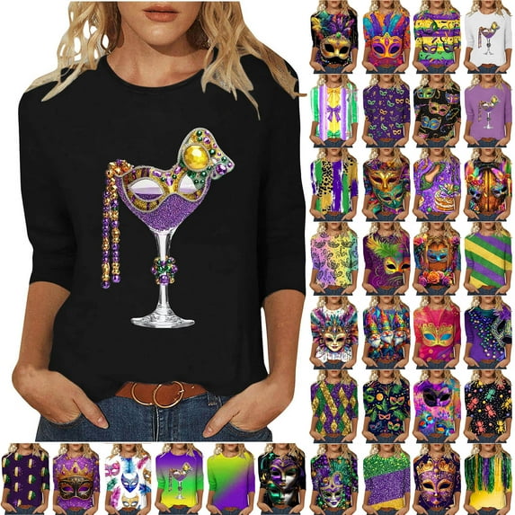 Plus Size Mardi Gras Party Shirts Women 3/4 Length Sleeve Crew Neck T-Shirt Casual Loose Mask Graphic Tees Fashion Ladies Holiday Top Red Tops,Size S-3XL