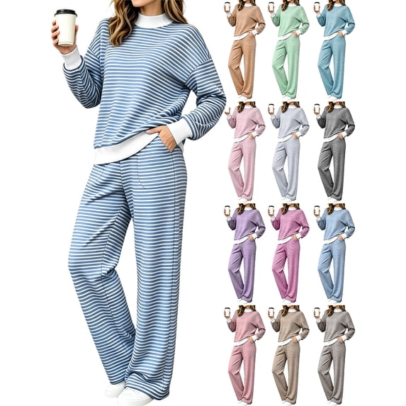 Plus Size Matching Sets Mock‑Layer Striped Long‑Sleeve Top and High‑Waist Wide‑Leg Pants Casual Travel Clothes