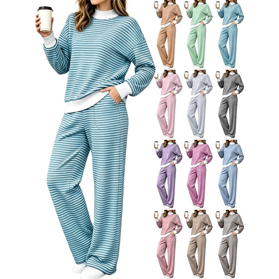 Plus Size Matching Sets Mock‑Layer Striped Long‑Sleeve Top and High‑Waist Wide‑Leg Pants Sizes S-5XL