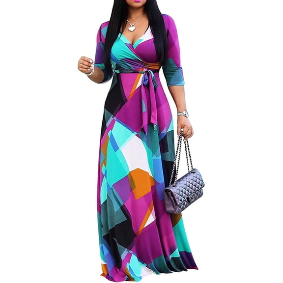 Plus Size Maxi Dress for Women Casual Summer Sundress V-Neck 3/4 Sleeve Summer Casual Sleeveless Vacation Party Long Maxi Dresses Cute Floral Wedding Guest Dress Premium Elegant Vestidos