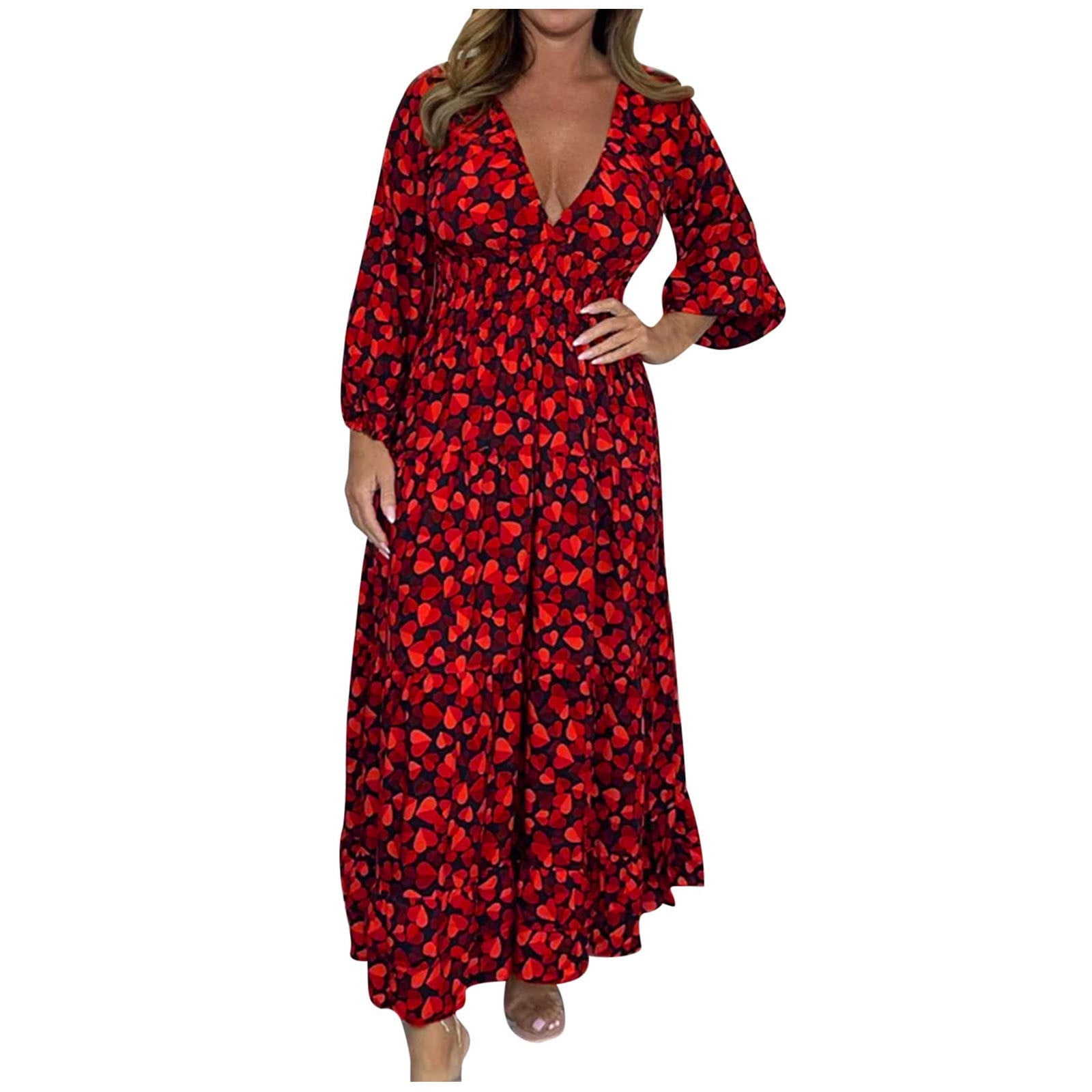 Plus Size Maxi Dress for Women Sexy Deep V Neck 3/4 Sleeve Boho Print Long Dress Wedding Party Casual Dress