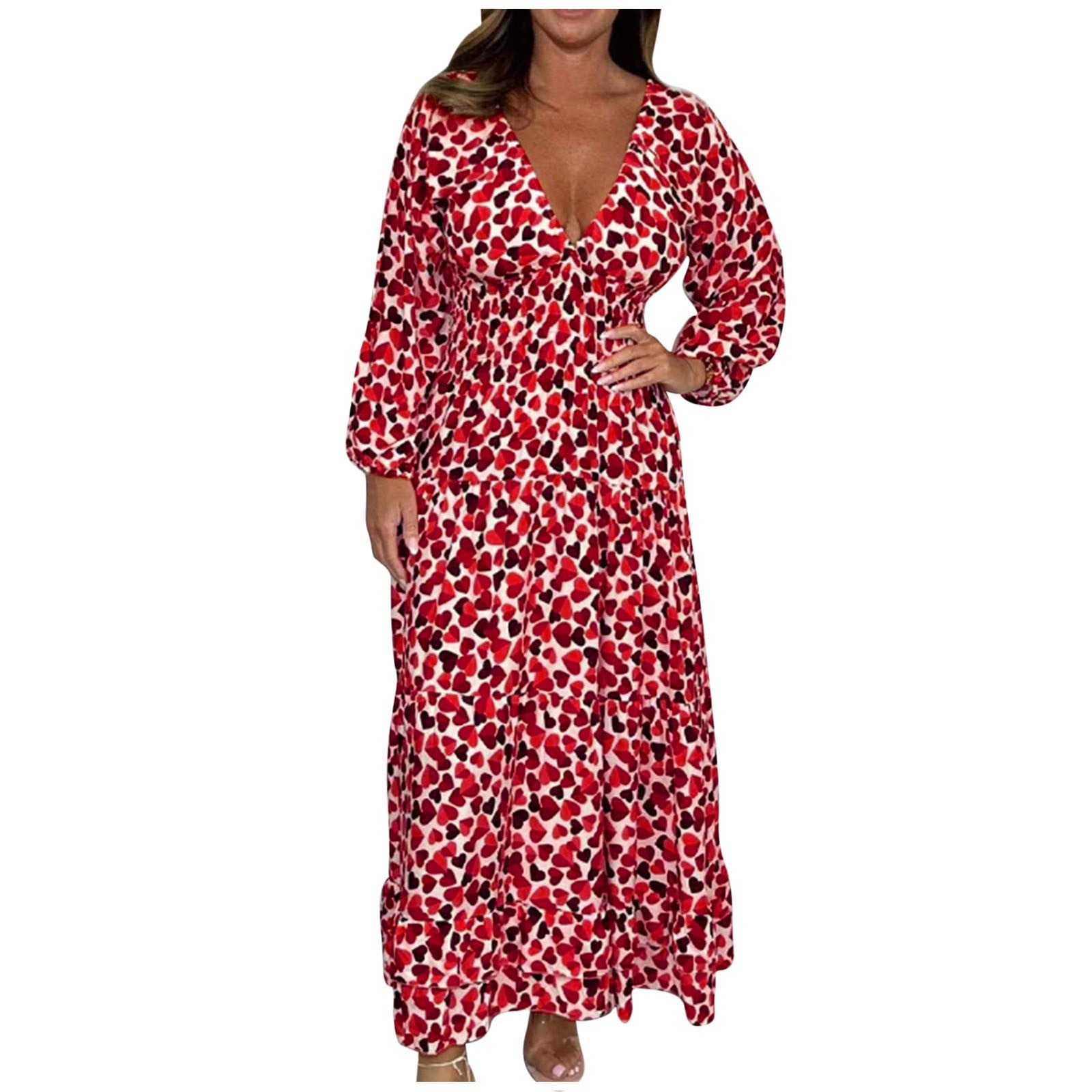 Plus Size Maxi Dress for Women Sexy Deep V Neck 3/4 Sleeve Boho Print Long Dress Wedding Party Casual Dress