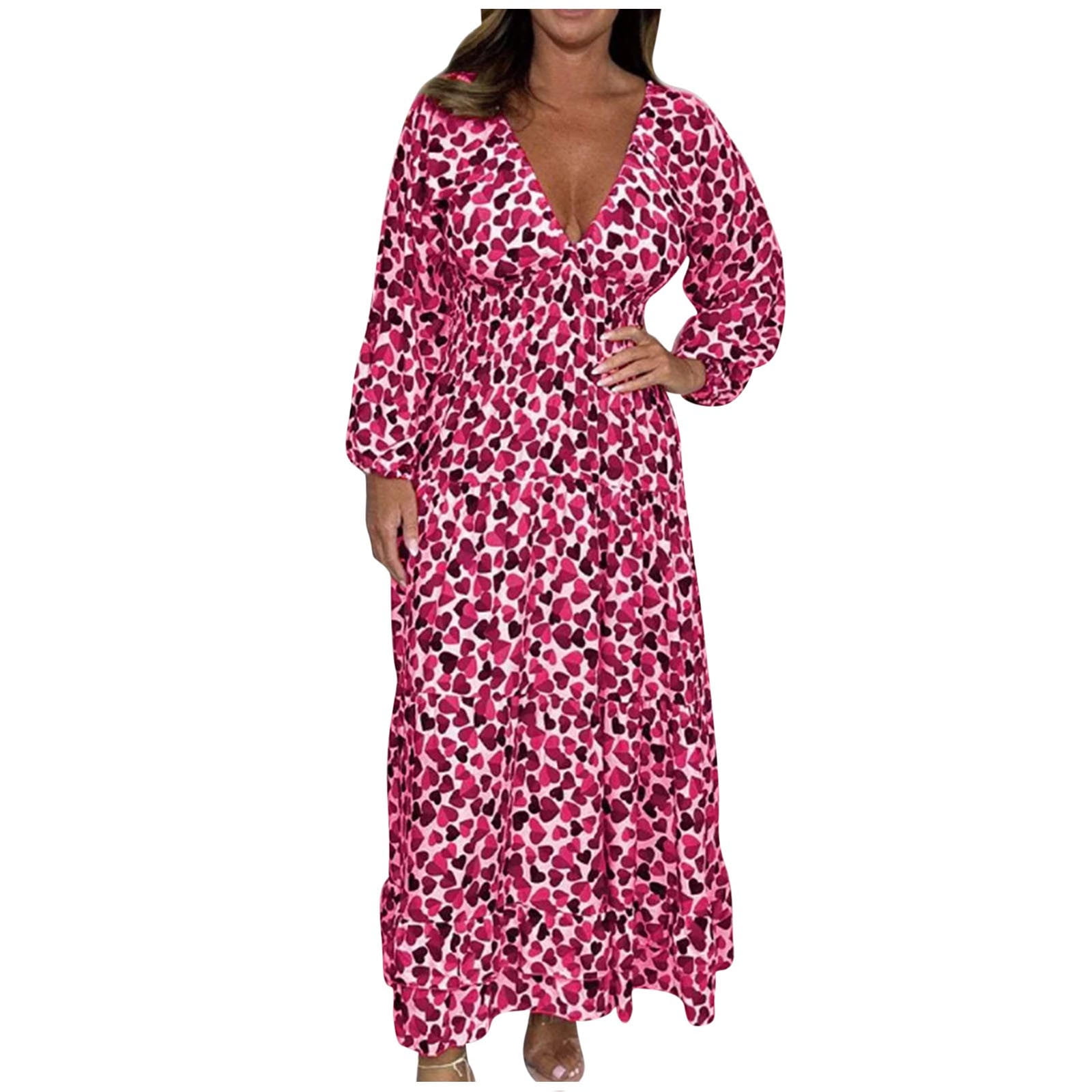 Plus Size Maxi Dress for Women Sexy Deep V Neck 3/4 Sleeve Boho Print Long Dress Wedding Party Casual Dress