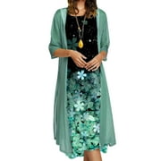 YOEYEZ Plus Size Maxi Dress for Women Shiny Flowy Summer V Neck Sexy Long Cami Dress With 3/4 Sleeve Mesh Coverups Two Piece