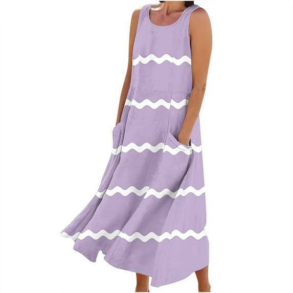Plus Size Maxi Dress for Women, Sleeveless Round Neck Printed Long Dress Polyester Dresse with Zipper.