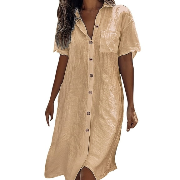 Plus Size Maxi Dress for Women Summer Cotton Linen T Shirt Dress Casual Loose Button Down Long Beach Dresses