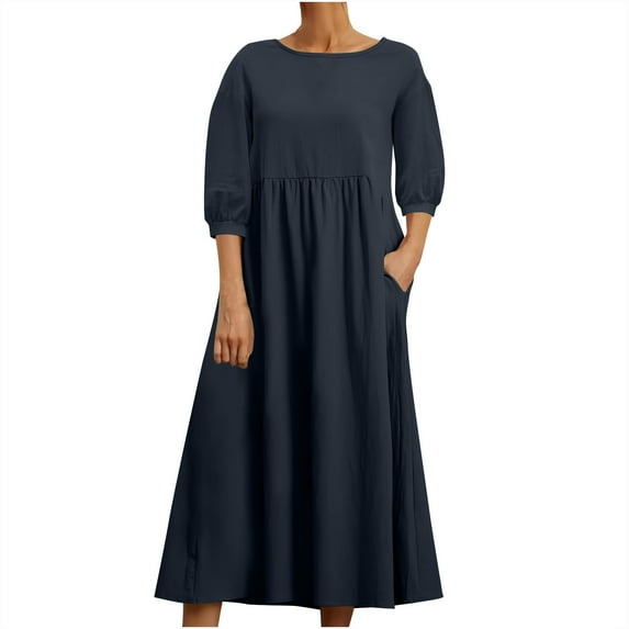 Plus Size Maxi Dress for Women Women'S Summer Loose Long Sleeve Round Neck Solid Color Ankle-Length Dress
