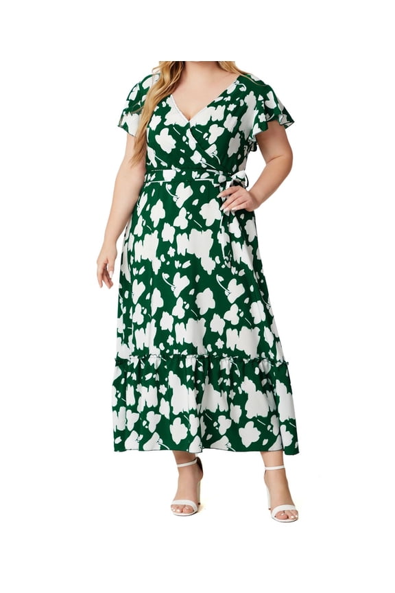 Plus Size Maxi Dresses for Curvy Women Floral Summer Short Sleeve Midi Dress - V Neck Flowy Boho Summer Dress with Pockets V-Neck Short Sleeve for Beach Vacation