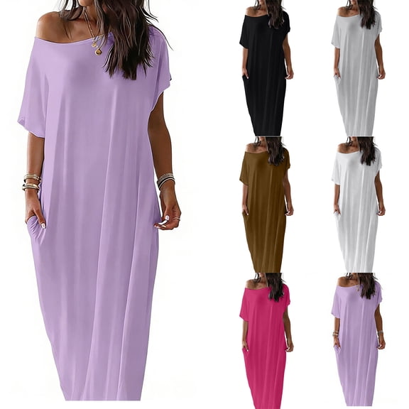 Plus Size Maxi Dresses Short Sleeve Solid Color Crew Neck Shift Dress for Summer Casual Leisure Loose Outdoor Beach Vacation