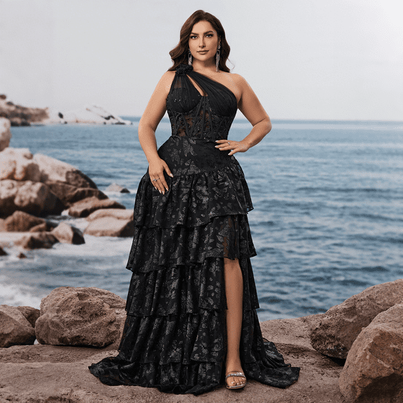 Plus Size Maxi Formal Dresses for Women Sleeveless Tiered Sequin Dresses Embroidery and High-Slit Semi Sheer One-Shoulder Wedding Guest Dresses for Women A-Line Evening Gown for Party Prom Black