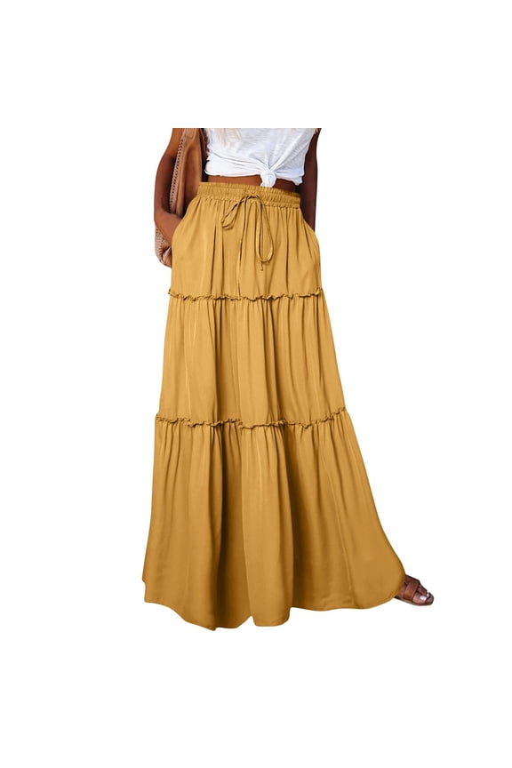 Plus Size Maxi Skirts for Women Trendy Long Flowy Boho Tiered Skirt Renaissance Summer Beach Skirt with Pockets Yellow L