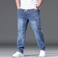 thumbnail image 1 of Plus Size Men Jeans Drawstring Elastic Waist Relaxed Fit Straight Leg Casual Stretch Denim Pants Big and Tall Comfort Trousers for Daily Wear, 1 of 9