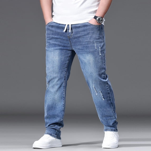 Plus Size Men Jeans Drawstring Elastic Waist Relaxed Fit Straight Leg Casual Stretch Denim Pants Big and Tall Comfort Trousers for Daily Wear
