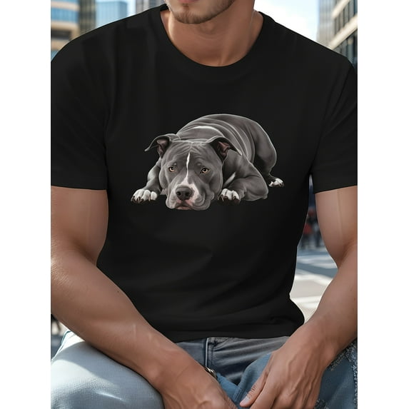 Plus Size Men'S Breathable Cotton T-Shirt - Casual Crew Neck with Gray Pit Bull Graphic Machine Washable Ideal for Summer PLUS SIZE