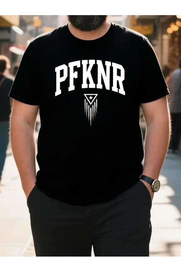 Plus Size Men'S Graphic Print T-Shirt - PFKNR Triangle Design, Elastic Short Sleeve, Breathable & Machine Washable, Regular Fit Crew Neck, Black Streetwear Tee for Big Tall