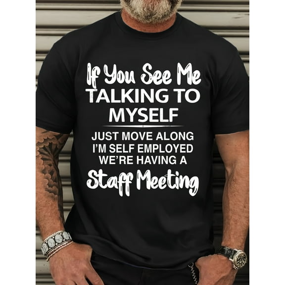 Plus Size Men'S "If You See Me Talking to Myself" Graphic Print T-shirt for Summer, Outdoor Sports Short Sleeve Tees, Plus Size T Shirts, PLUS SIZE