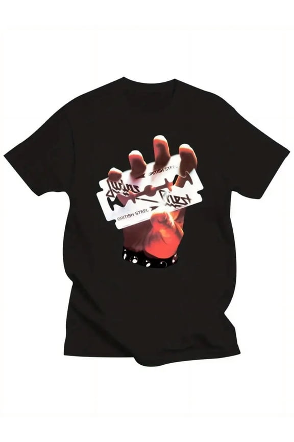 Plus Size Men'S "Judas Priest - British Steel" Graphic T-Shirt - Black Cotton Tee with Metallic Fist Design, Casual Crew Neck, Perfect for Rock Music Fans, Casual Wear Tee