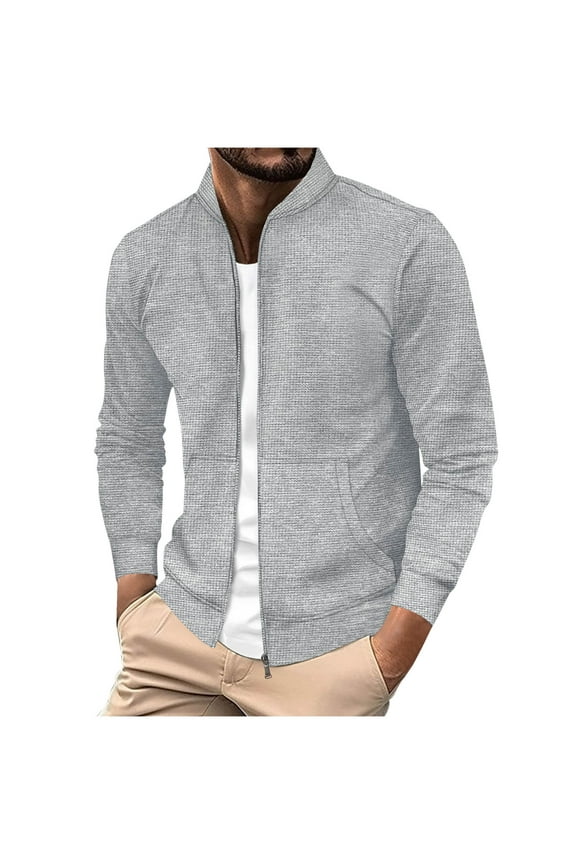 Plus Size Men Waffle Jackets Long Sleeve Cardigan Tops Solid Mock Neck Coat Zip Up Loose Outerwear Spring Classic Casual Outfits with Pockets Business Office Work Costume