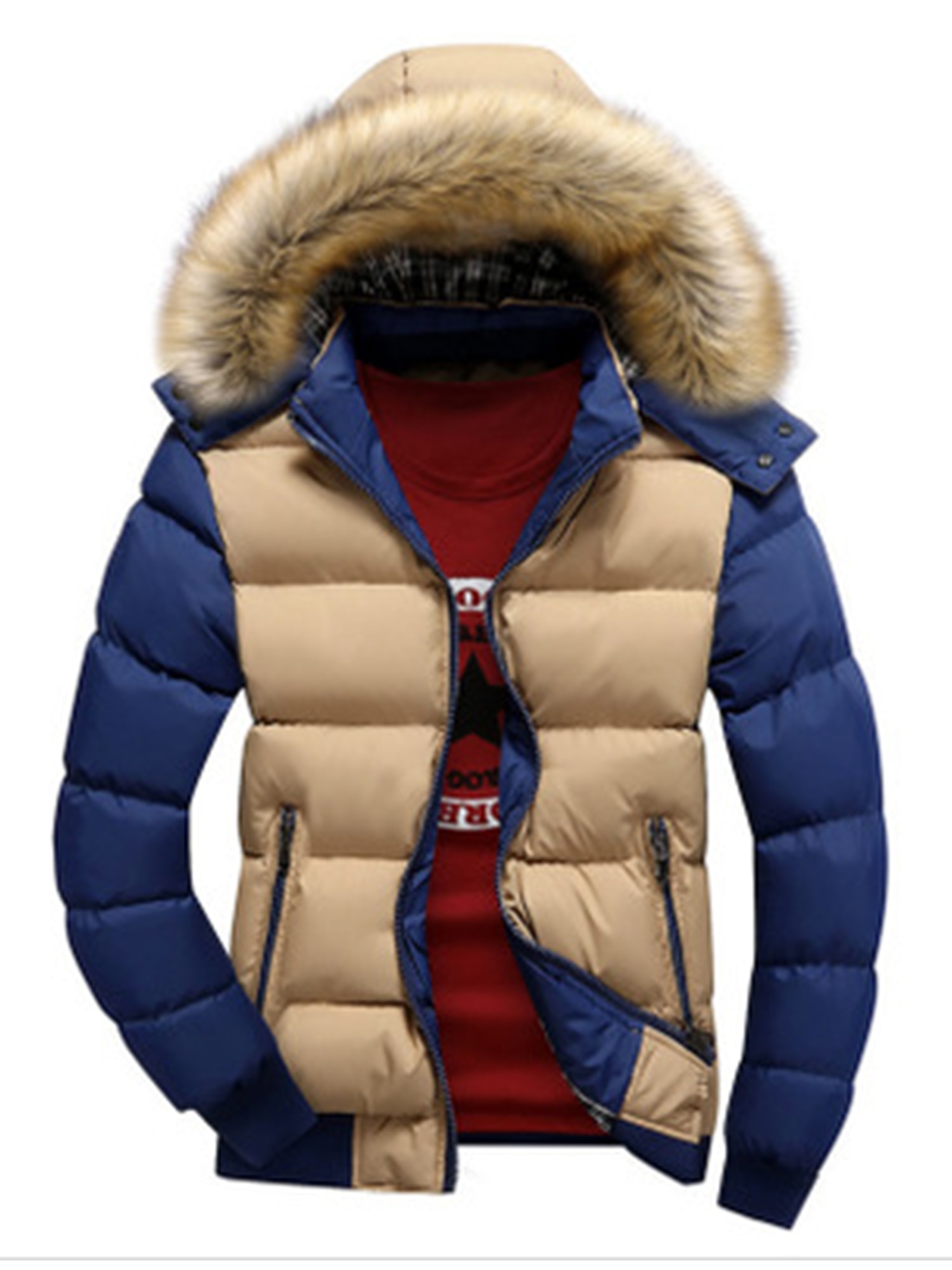 Plus Size Men Winter Warm Zipper Big Collar Hooded Coat Jacket Contrast Color Long Sleeve Hoody Hooded Parka Jacket Outwear - image 1 of 3