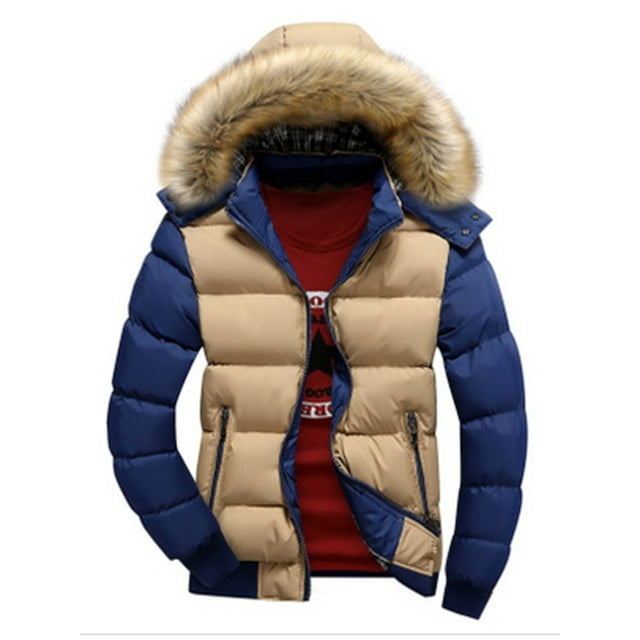 Plus Size Men Winter Warm Zipper Big Collar Hooded Coat Jacket Contrast Color Long Sleeve Hoody Hooded Parka Jacket Outwear