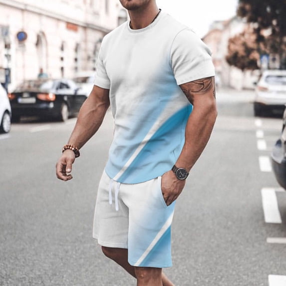 Plus Size Men's 2 Piece Outfits Colorblock Crewneck Short Sleeve Tee Elastic Waist Shorts Set Tracksuits Light Blue XXXXL
