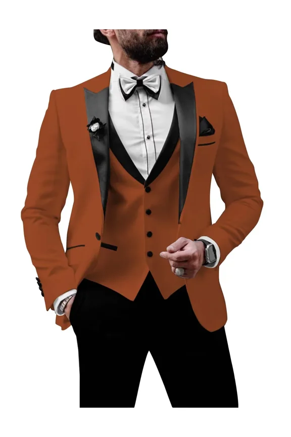 Plus Size Men's 3 Piece Slim Fit Orange Suit Set One Button Blazer Jacket Pants Tuxedo Set for Prom, Wedding and Business, 6XL