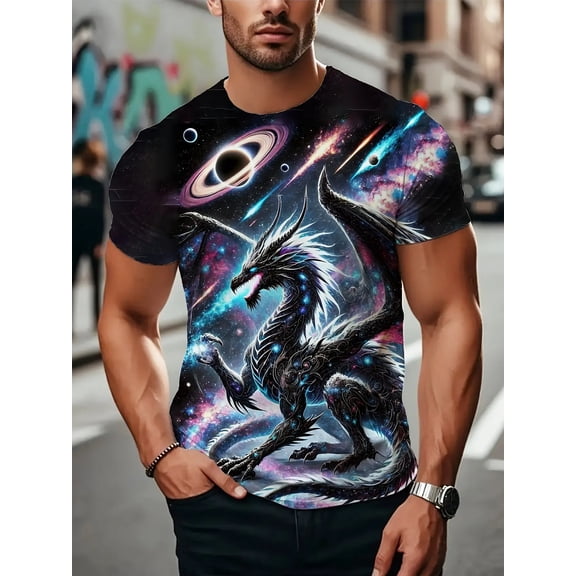 Plus Size Men's 3D Digital Printing, Men's Clothing Style Pattern Design, Summer and Autumn Hot Selling Style, Polyester Fiber Round Neck Trendy Cool Street Style, Round Neck Short Sleeve T-Shirt