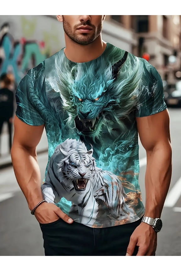 Plus Size Men's 3D Digital Printing, Men's Clothing Style Pattern Design, Summer and Autumn Hot Selling Style, Polyester Fiber Round Neck Trendy Cool Street Style, Men's Round Neck T-Shirt