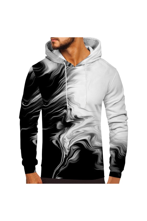 Plus Size Men's 3D Printed Hoodie Black and White Tie Dye Hooded Shirts Novelty Long Sleeve Pullover for Streetwear