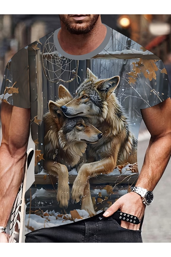 Plus Size Men's 3D Wolf Pack Pattern T-Shirt- Summer Casual Short Sleeve Top, Snow Scenery Autumn Leaves Design, Breathable Crew Neck Sports Fitness Outdoor Comfortable Printed Shirt, PLUS SIZE