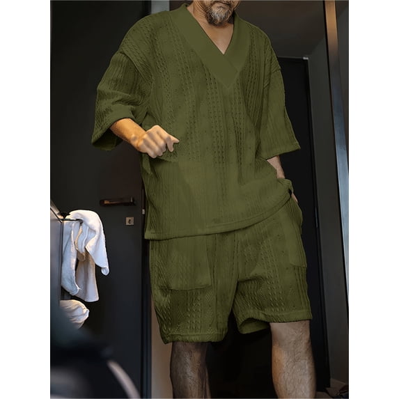 Plus Size Men's Army Green Bubble Textured Knit Two-Piece Outfit V-Neck Short Sleeve Top & Loose Casual Shorts