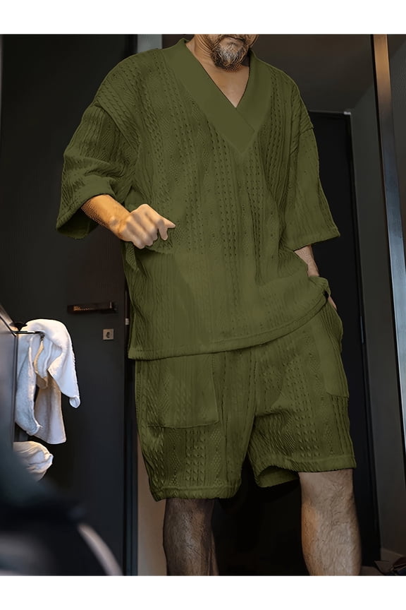 Plus Size Men's Army Green Bubble Textured Knit Two-Piece Outfit V-Neck Short Sleeve Top & Loose Casual Shorts